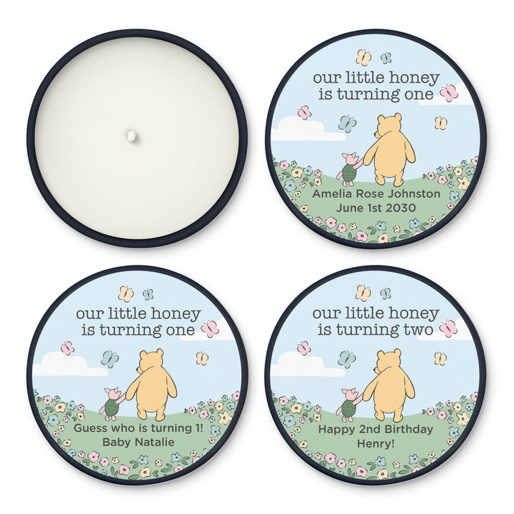 Winnie the Pooh and Piglet Blue Skies Birthday, Our Little Honey is Turning One, 2oz Mini Lavender Candles