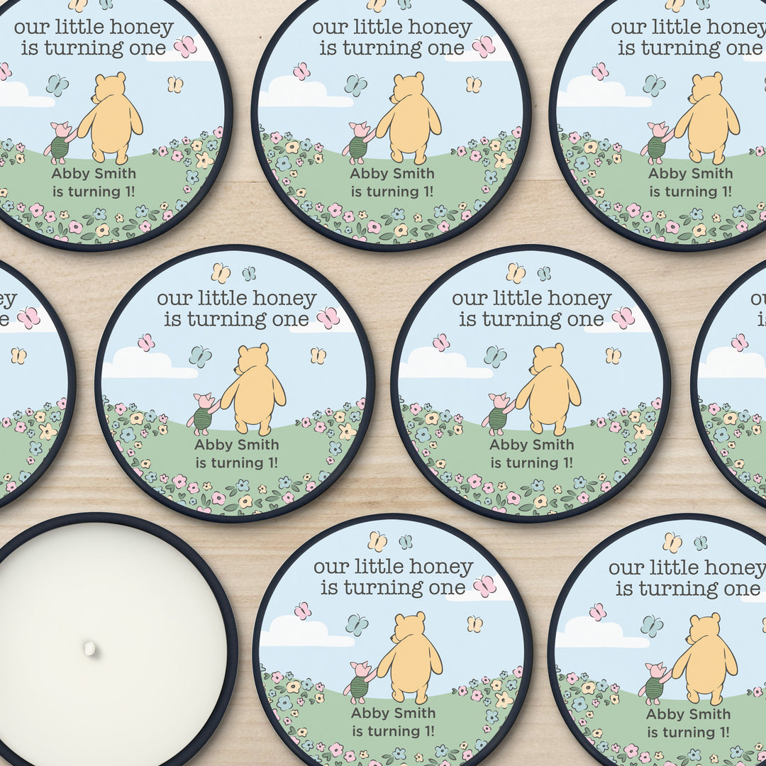 Winnie the Pooh and Piglet Blue Skies Birthday, Our Little Honey is Turning One, 2oz Mini Lavender Candles