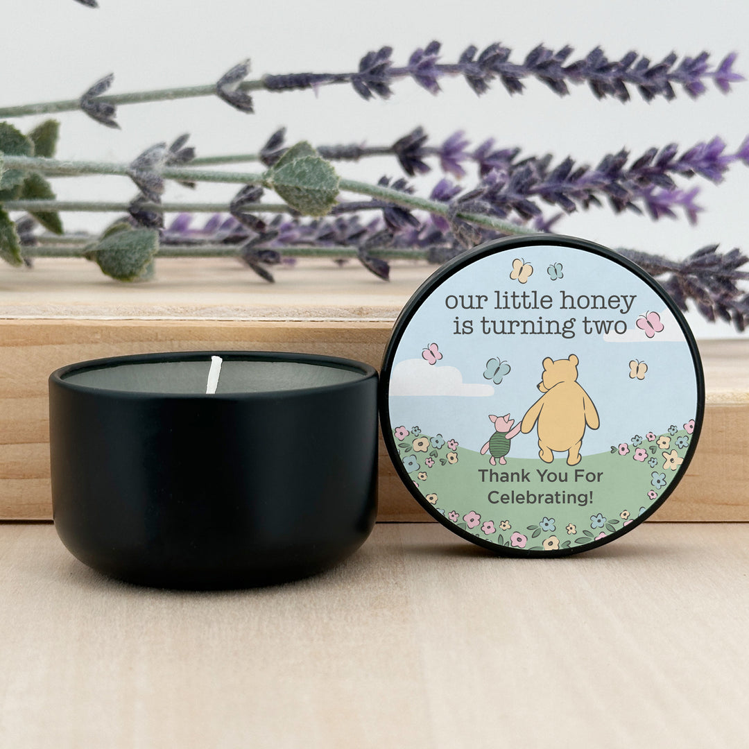 Winnie the Pooh and Piglet Blue Skies Birthday, Our Little Honey is Turning One, 2oz Mini Lavender Candles