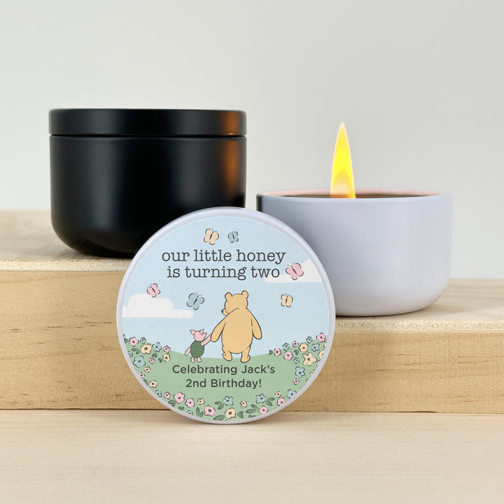 Winnie the Pooh and Piglet Blue Skies Birthday, Our Little Honey is Turning One, 2oz Mini Lavender Candles
