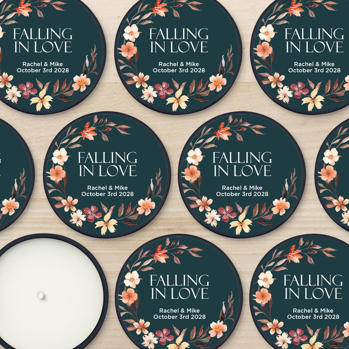 Bulk Wedding Favors, Unique Wedding Favors, Custom Candles, Fall Watercolor Wreath, Falling in Love, 2oz Mini Lavender Candles