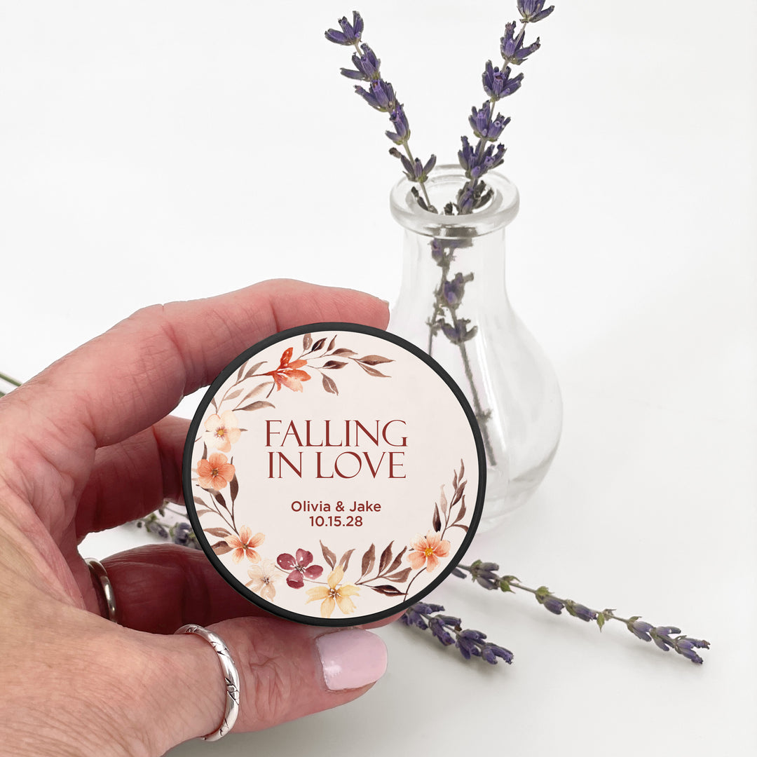 Bulk Wedding Favors, Unique Wedding Favors, Custom Candles, Fall Watercolor Wreath, Falling in Love, 2oz Mini Lavender Candles