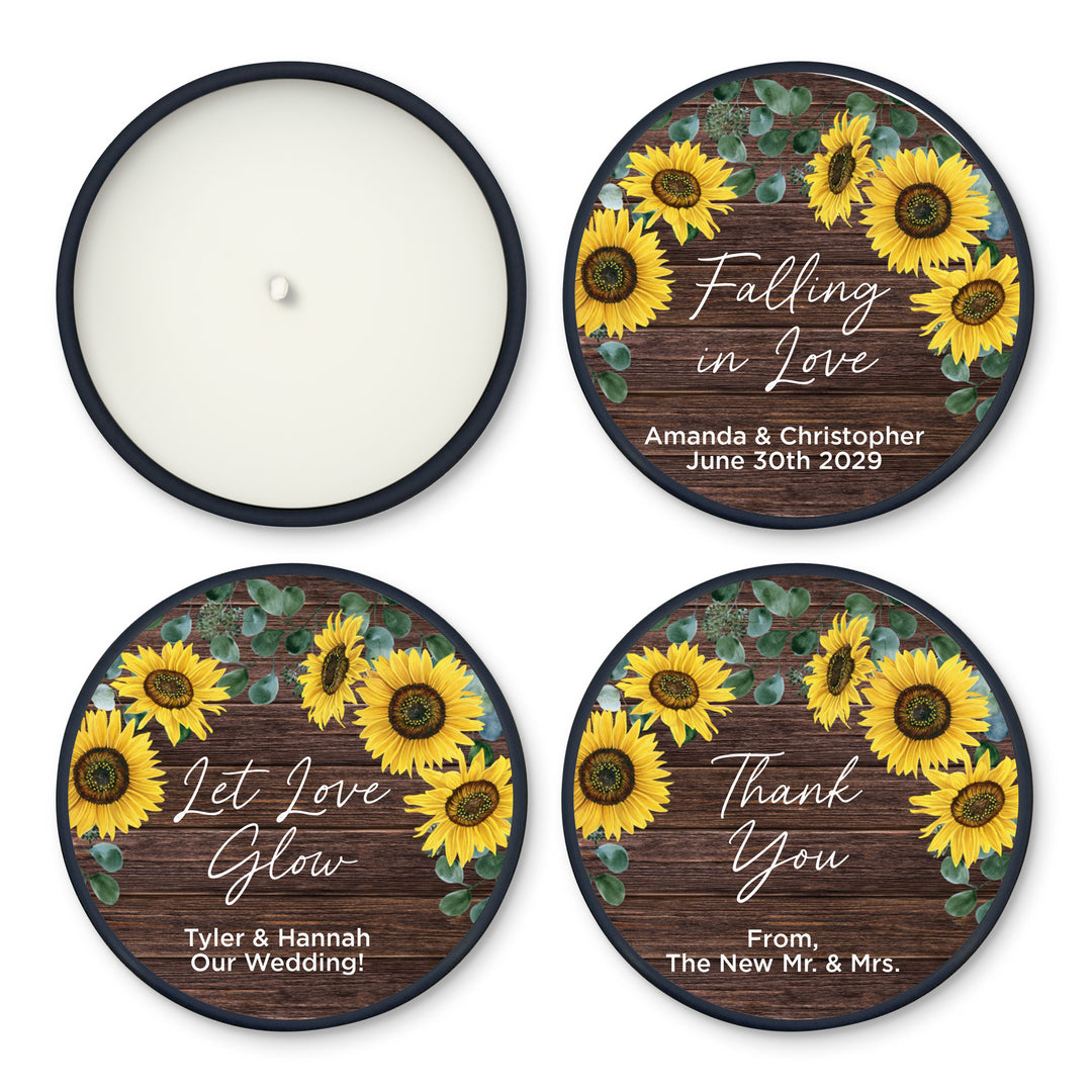 Custom Candle Wedding Favors, Fall Wedding, Rustic Sunflowers, 2oz Mini Lavender Candles