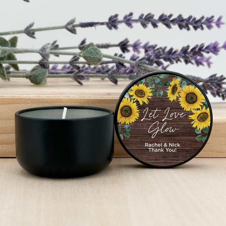 Custom Candle Wedding Favors, Fall Wedding, Rustic Sunflowers, 2oz Mini Lavender Candles