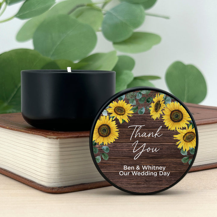 Custom Candle Wedding Favors, Fall Wedding, Rustic Sunflowers, 2oz Mini Lavender Candles