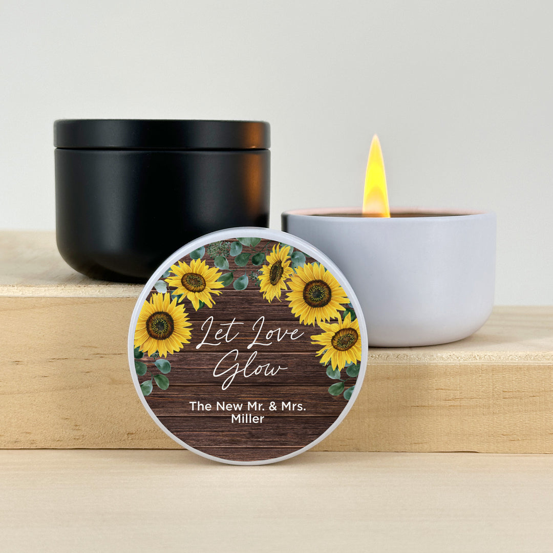 Custom Candle Wedding Favors, Fall Wedding, Rustic Sunflowers, 2oz Mini Lavender Candles
