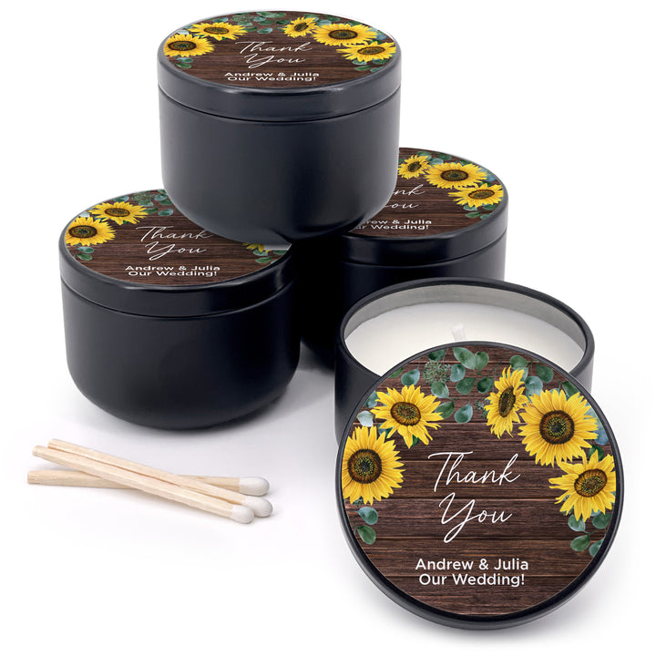 Custom Candle Wedding Favors, Fall Wedding, Rustic Sunflowers, 2oz Mini Lavender Candles