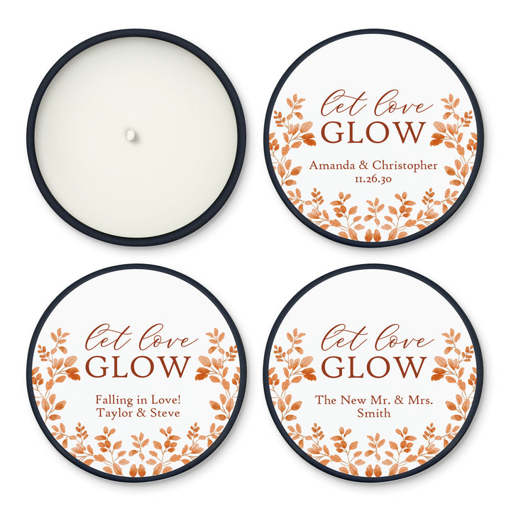 Fall Candle Wedding Favors, Let Love Glow, Autumn Leaves, 2 oz mini tin candles