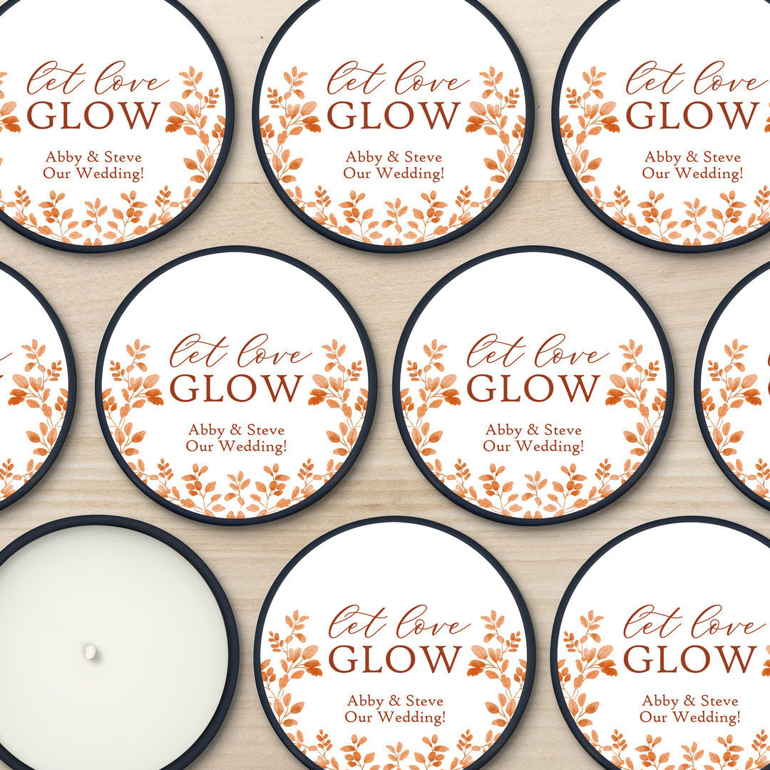 Fall Candle Wedding Favors, Let Love Glow, Autumn Leaves, 2 oz mini tin candles
