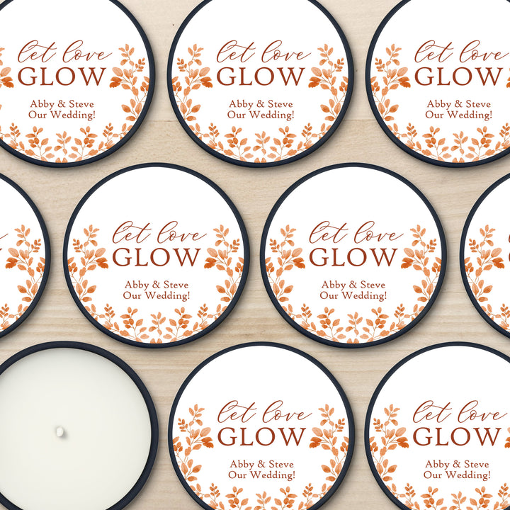 Fall Candle Wedding Favors, Let Love Glow, Autumn Leaves, 2 oz mini tin candles