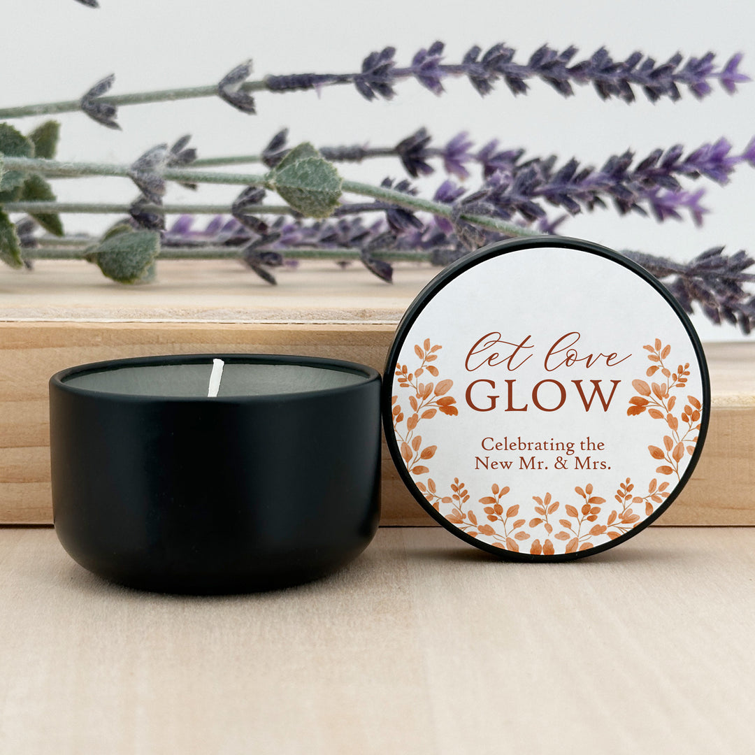 Fall Candle Wedding Favors, Let Love Glow, Autumn Leaves, 2 oz mini tin candles