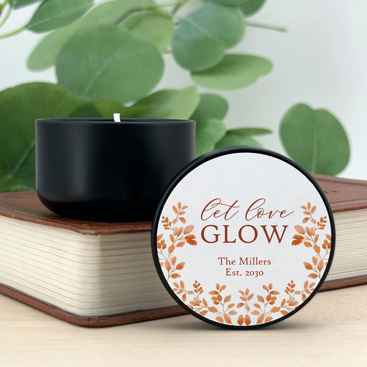Fall Candle Wedding Favors, Let Love Glow, Autumn Leaves, 2 oz mini tin candles
