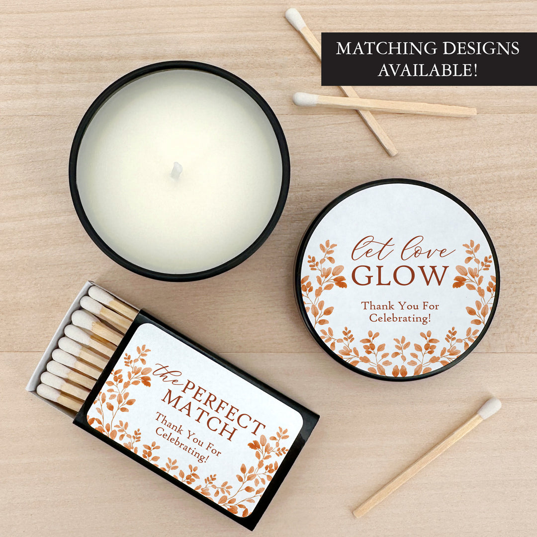 Fall Candle Wedding Favors, Let Love Glow, Autumn Leaves, 2 oz mini tin candles