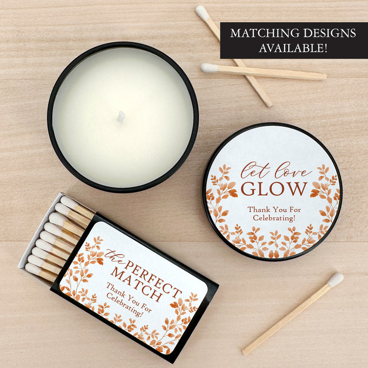 Fall Candle Wedding Favors, Let Love Glow, Autumn Leaves, 2 oz mini tin candles