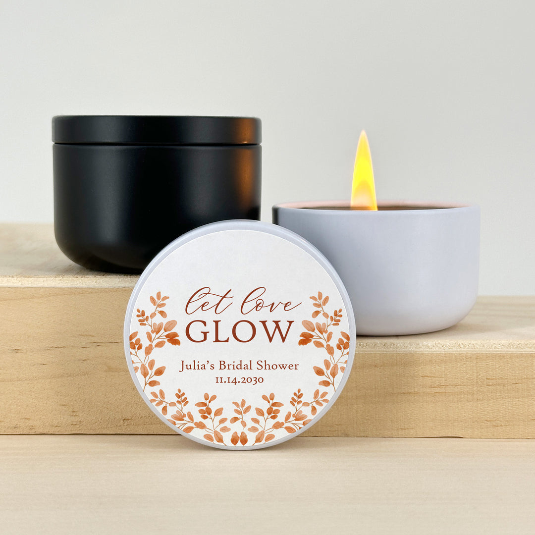 Fall Candle Wedding Favors, Let Love Glow, Autumn Leaves, 2 oz mini tin candles