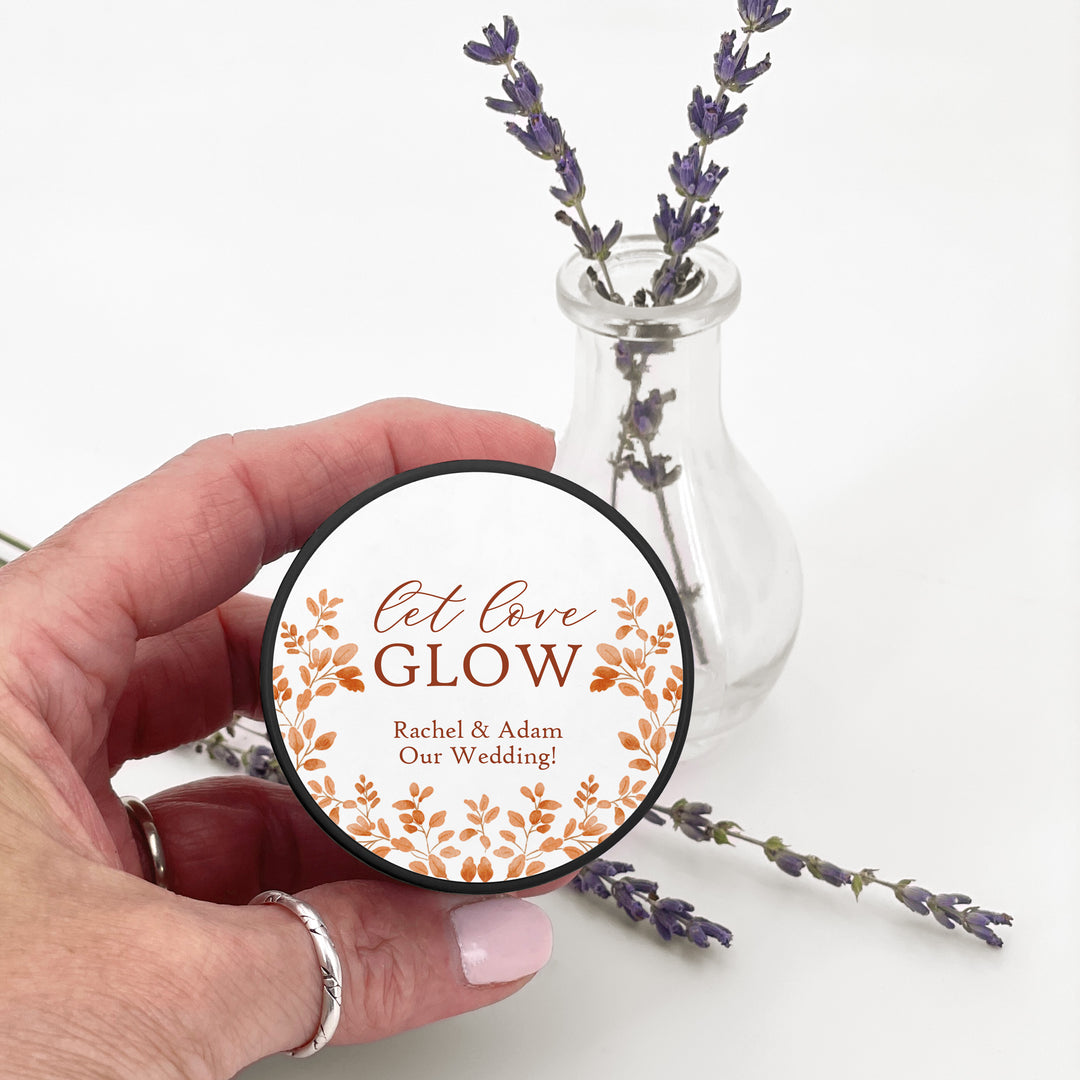 Fall Candle Wedding Favors, Let Love Glow, Autumn Leaves, 2 oz mini tin candles