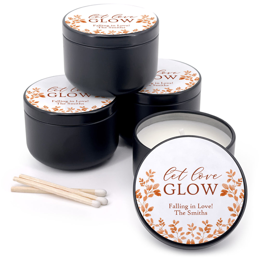 Fall Candle Wedding Favors, Let Love Glow, Autumn Leaves, 2 oz mini tin candles