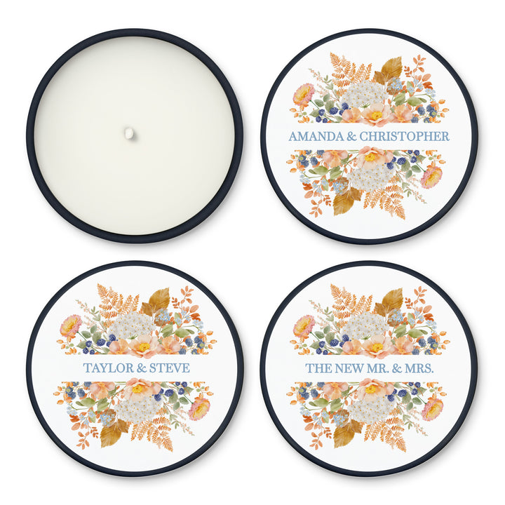 Fall Candle Wedding Favors, Peach &amp; Blue Florals, 2 oz mini tin candles