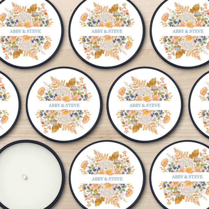 Fall Candle Wedding Favors, Peach &amp; Blue Florals, 2 oz mini tin candles