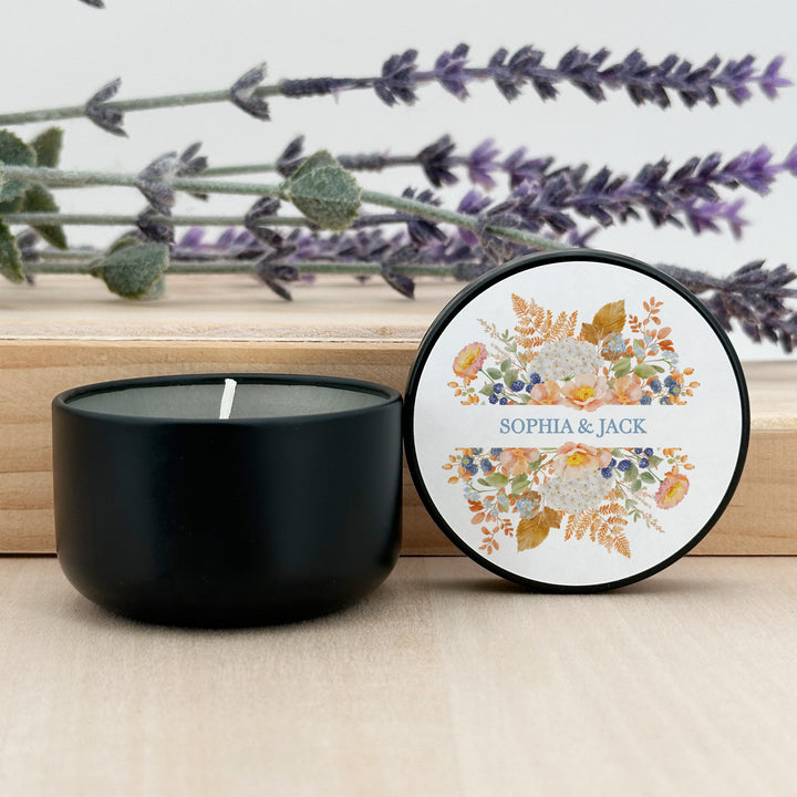 Fall Candle Wedding Favors, Peach &amp; Blue Florals, 2 oz mini tin candles