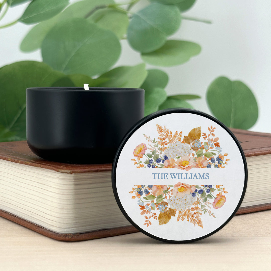 Fall Candle Wedding Favors, Peach &amp; Blue Florals, 2 oz mini tin candles