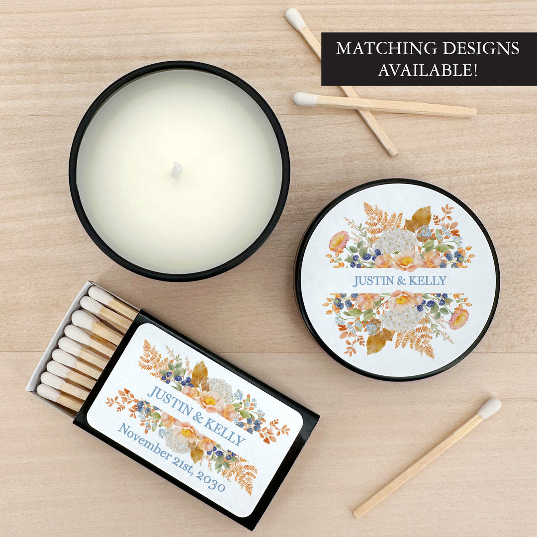 Fall Candle Wedding Favors, Peach &amp; Blue Florals, 2 oz mini tin candles