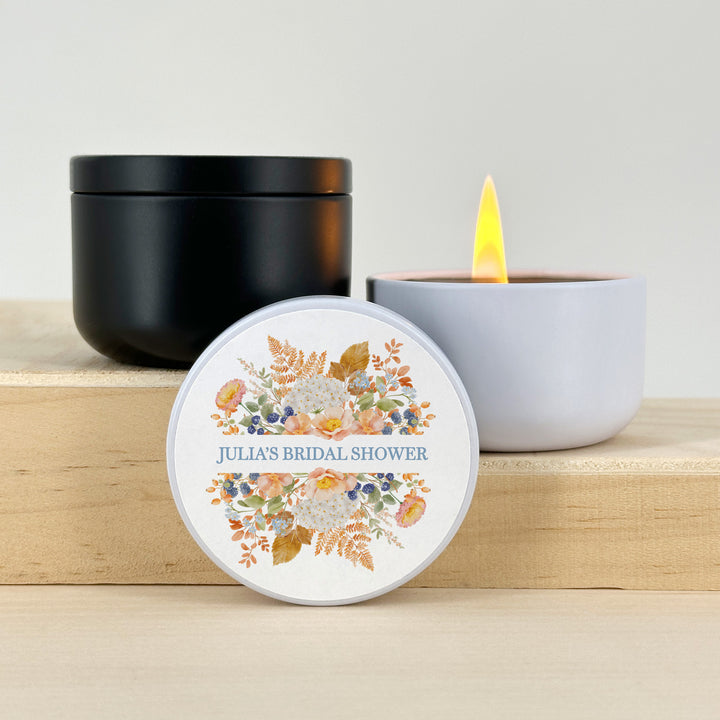 Fall Candle Wedding Favors, Peach &amp; Blue Florals, 2 oz mini tin candles