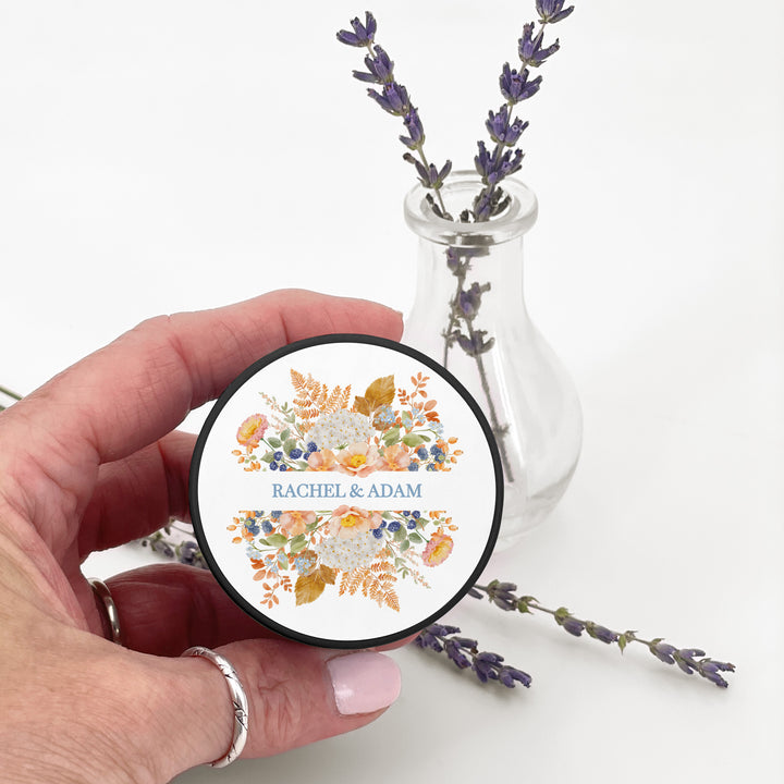Fall Candle Wedding Favors, Peach &amp; Blue Florals, 2 oz mini tin candles