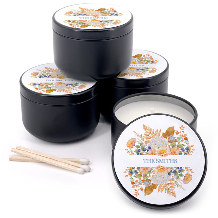 Fall Candle Wedding Favors, Peach &amp; Blue Florals, 2 oz mini tin candles