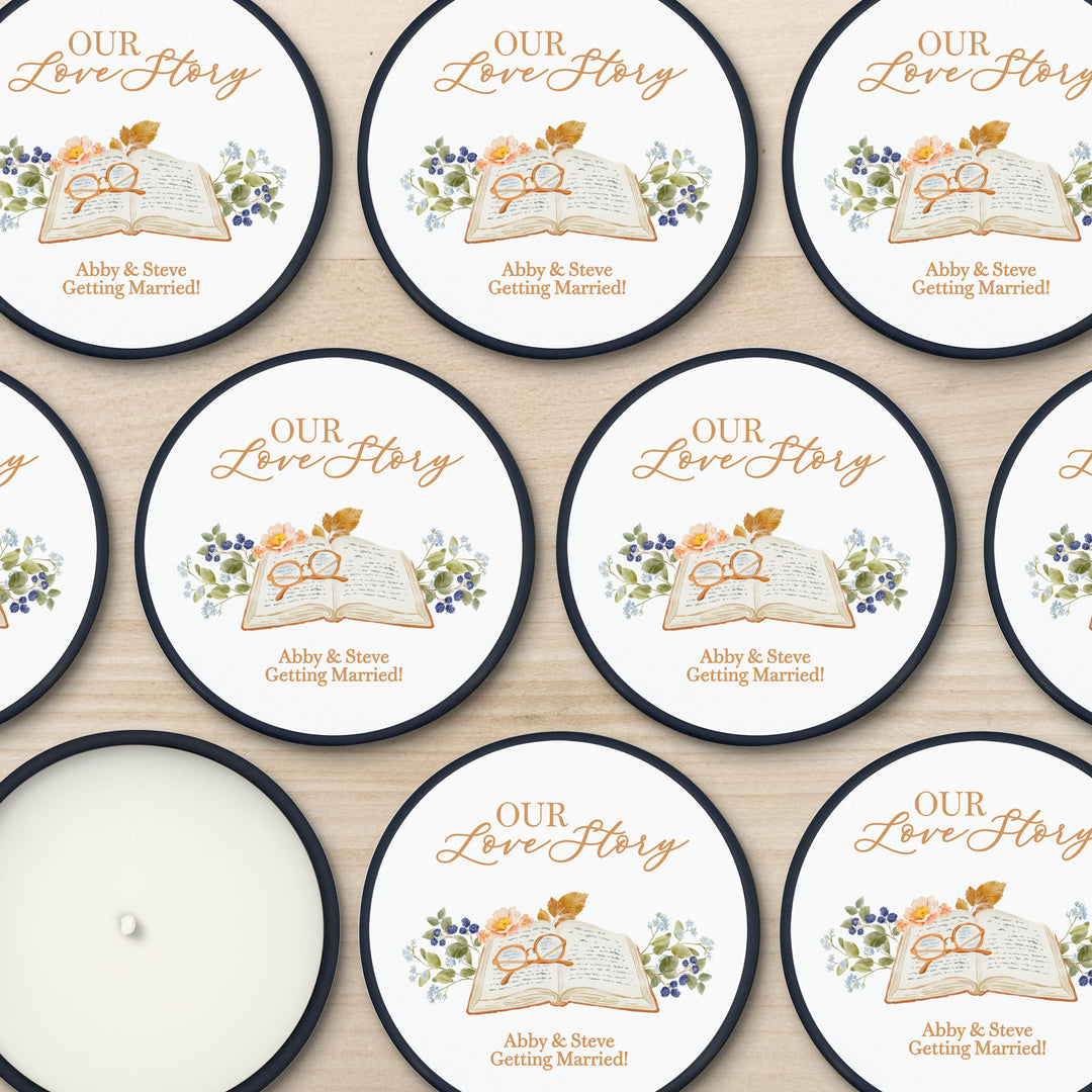 Book Theme Wedding Candle Favors, Custom 2 oz Mini Lavender Bridal Shower Candles, The Next Chapter