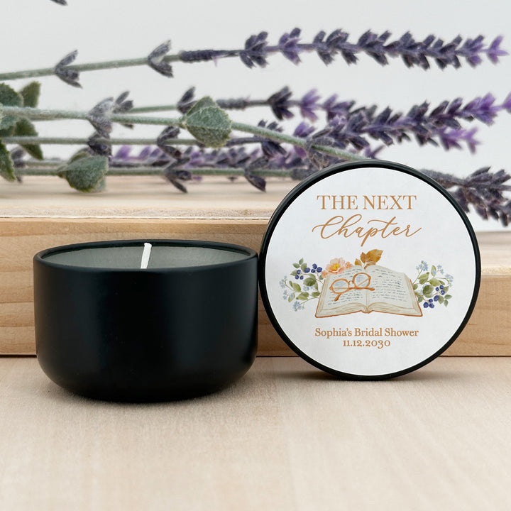 Book Theme Wedding Candle Favors, Custom 2 oz Mini Lavender Bridal Shower Candles, The Next Chapter