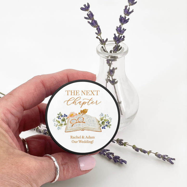Book Theme Wedding Candle Favors, Custom 2 oz Mini Lavender Bridal Shower Candles, The Next Chapter