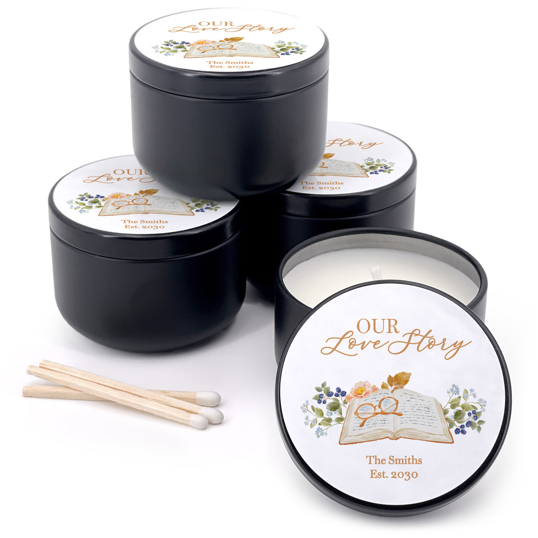 Book Theme Wedding Candle Favors, Custom 2 oz Mini Lavender Bridal Shower Candles, The Next Chapter