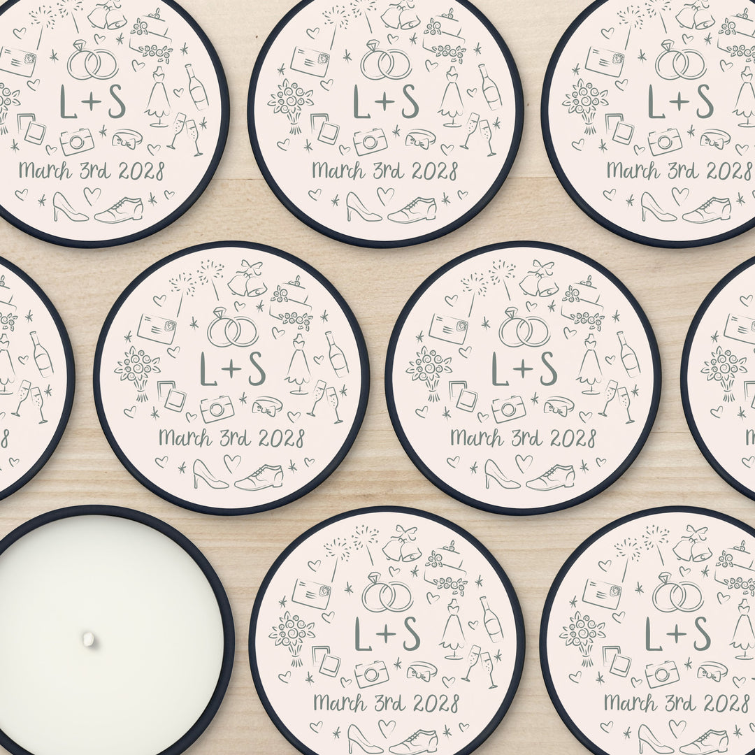 Bulk Wedding Favors, Unique Wedding Favors, Custom Candles, Doodle Hand Drawn Wedding Icon Pattern Sketch, 2oz Mini Lavender Candles