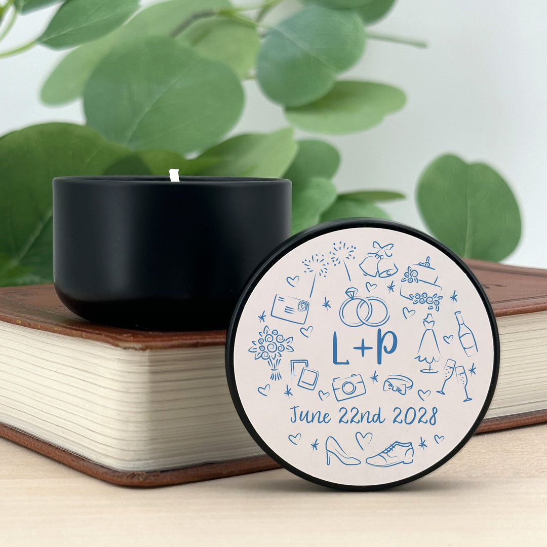 Bulk Wedding Favors, Unique Wedding Favors, Custom Candles, Doodle Hand Drawn Wedding Icon Pattern Sketch, 2oz Mini Lavender Candles