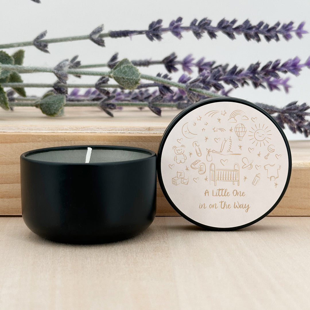 Bulk Baby Shower Favors, Unique Baby Shower Favors, Custom Candles, Hand Drawn Baby Shower Icon Sketch Pattern, 2oz Mini Lavender Candles