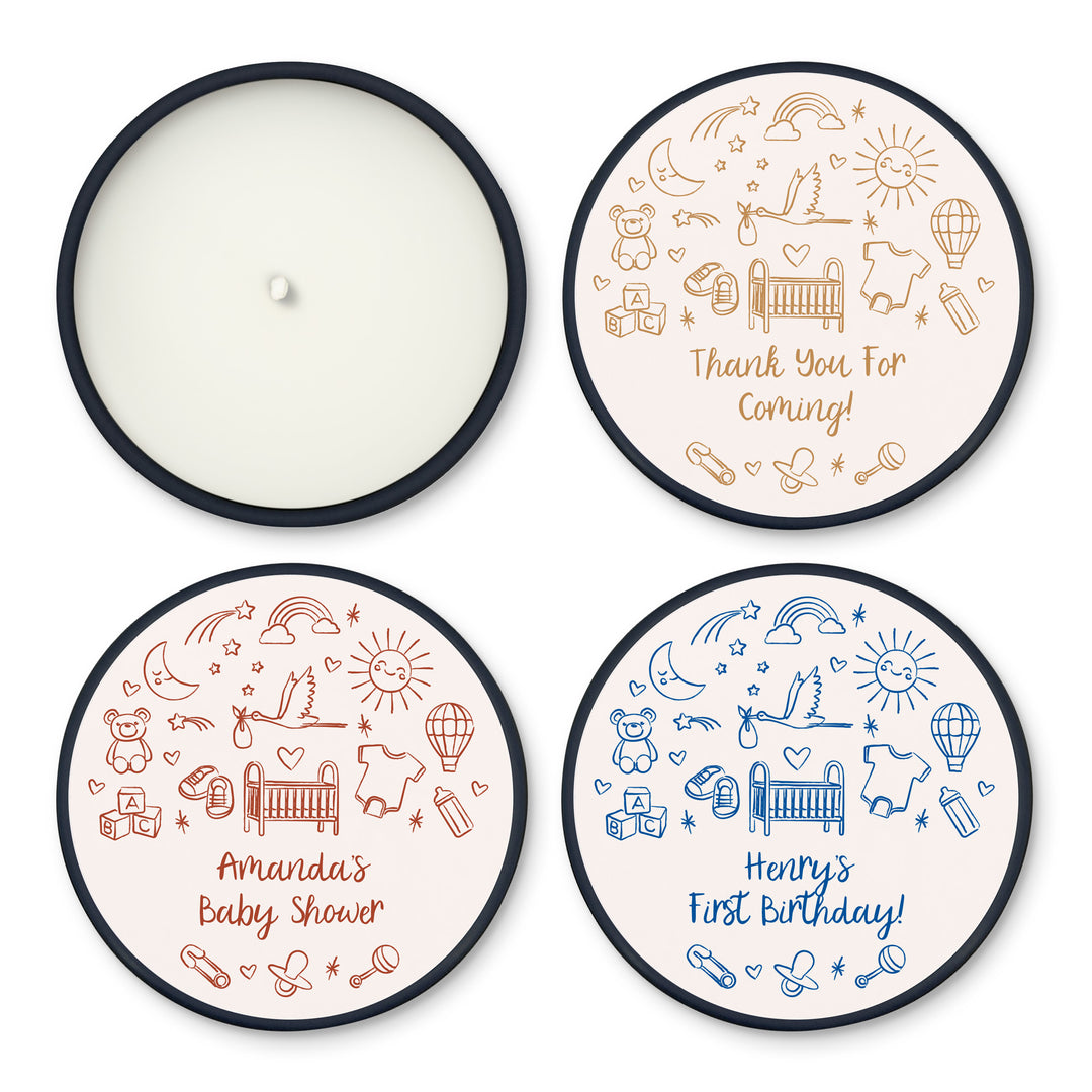 Bulk Baby Shower Favors, Unique Baby Shower Favors, Custom Candles, Hand Drawn Baby Shower Icon Sketch Pattern, 2oz Mini Lavender Candles