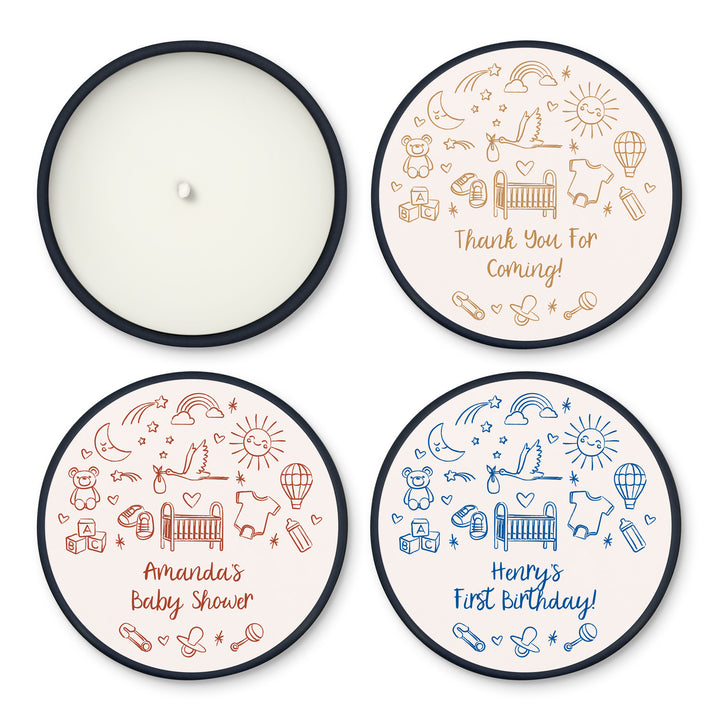 Bulk Baby Shower Favors, Unique Baby Shower Favors, Custom Candles, Hand Drawn Baby Shower Icon Sketch Pattern, 2oz Mini Lavender Candles
