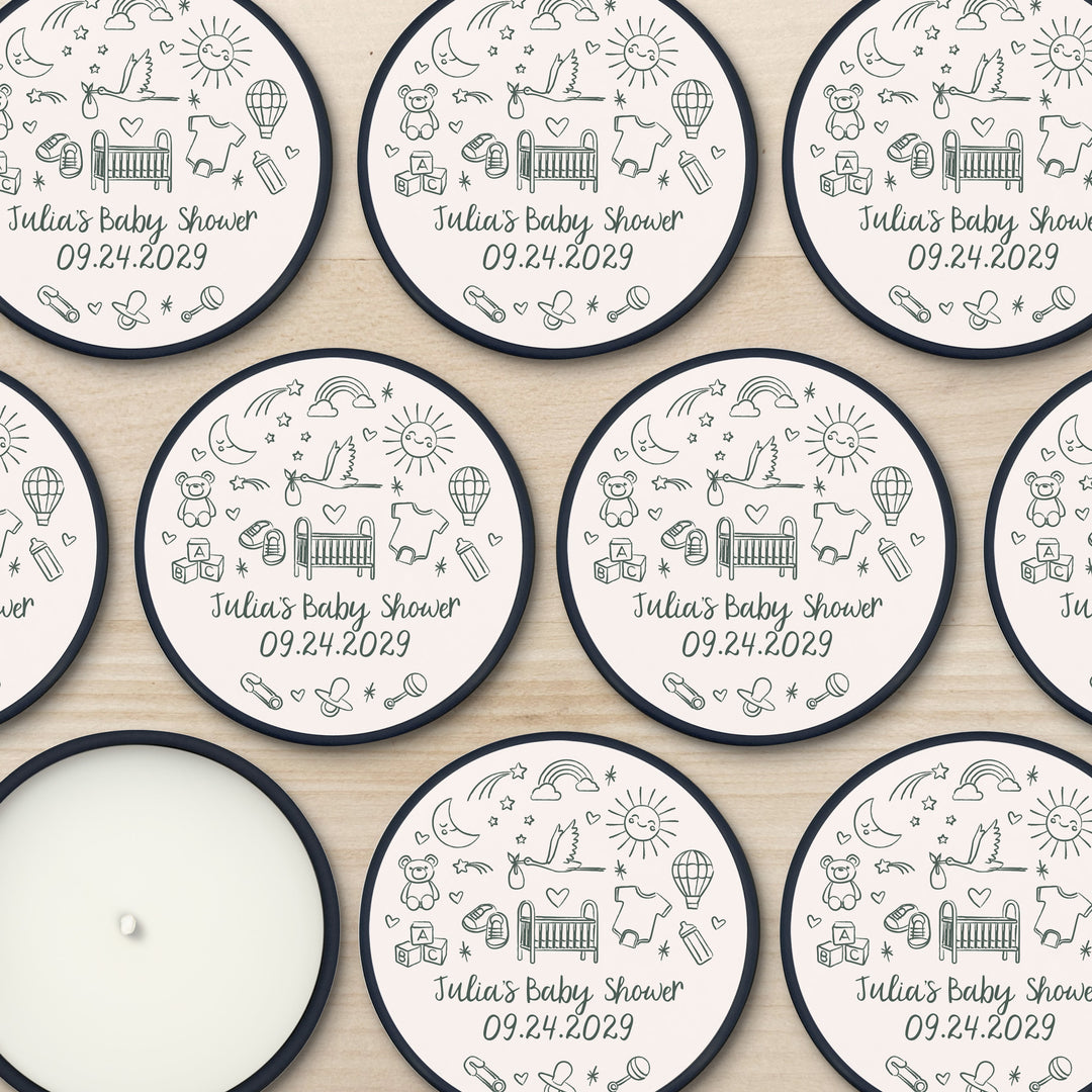 Bulk Baby Shower Favors, Unique Baby Shower Favors, Custom Candles, Hand Drawn Baby Shower Icon Sketch Pattern, 2oz Mini Lavender Candles