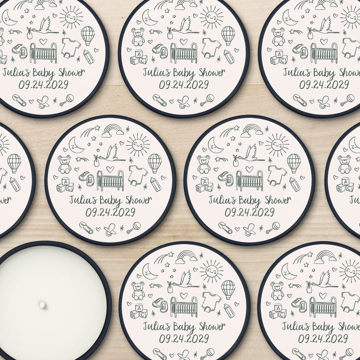 Bulk Baby Shower Favors, Unique Baby Shower Favors, Custom Candles, Hand Drawn Baby Shower Icon Sketch Pattern, 2oz Mini Lavender Candles