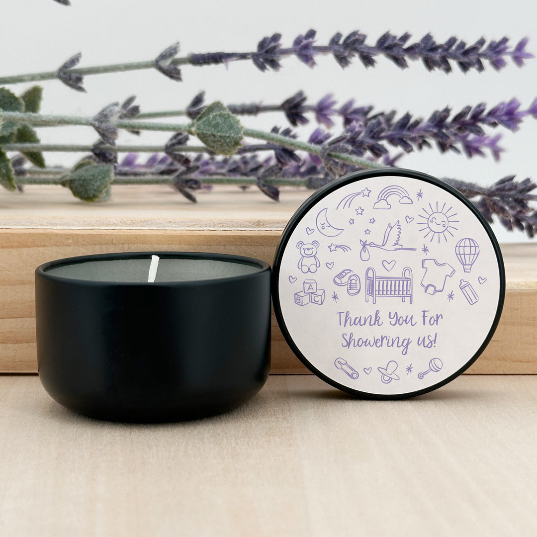 Bulk Baby Shower Favors, Unique Baby Shower Favors, Custom Candles, Hand Drawn Baby Shower Icon Sketch Pattern, 2oz Mini Lavender Candles
