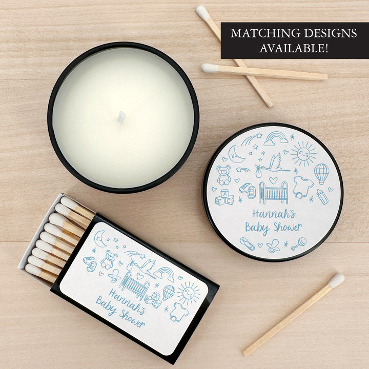 Bulk Baby Shower Favors, Unique Baby Shower Favors, Custom Candles, Hand Drawn Baby Shower Icon Sketch Pattern, 2oz Mini Lavender Candles