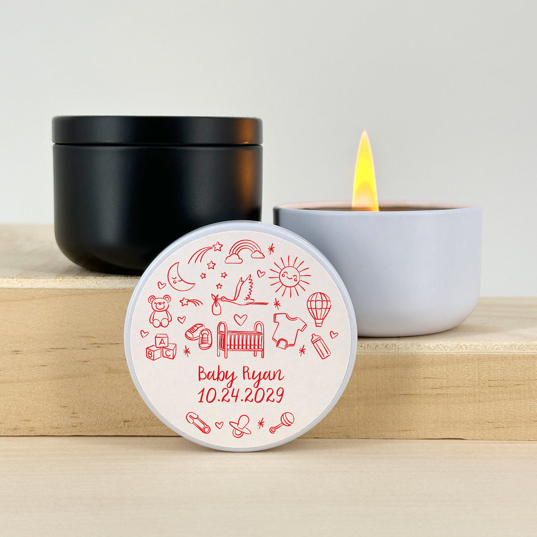 Bulk Baby Shower Favors, Unique Baby Shower Favors, Custom Candles, Hand Drawn Baby Shower Icon Sketch Pattern, 2oz Mini Lavender Candles