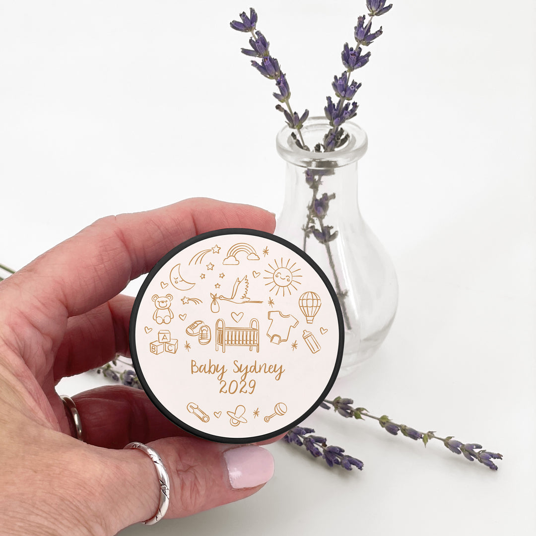 Bulk Baby Shower Favors, Unique Baby Shower Favors, Custom Candles, Hand Drawn Baby Shower Icon Sketch Pattern, 2oz Mini Lavender Candles