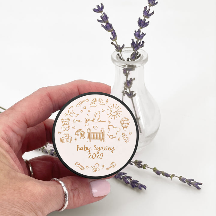 Bulk Baby Shower Favors, Unique Baby Shower Favors, Custom Candles, Hand Drawn Baby Shower Icon Sketch Pattern, 2oz Mini Lavender Candles