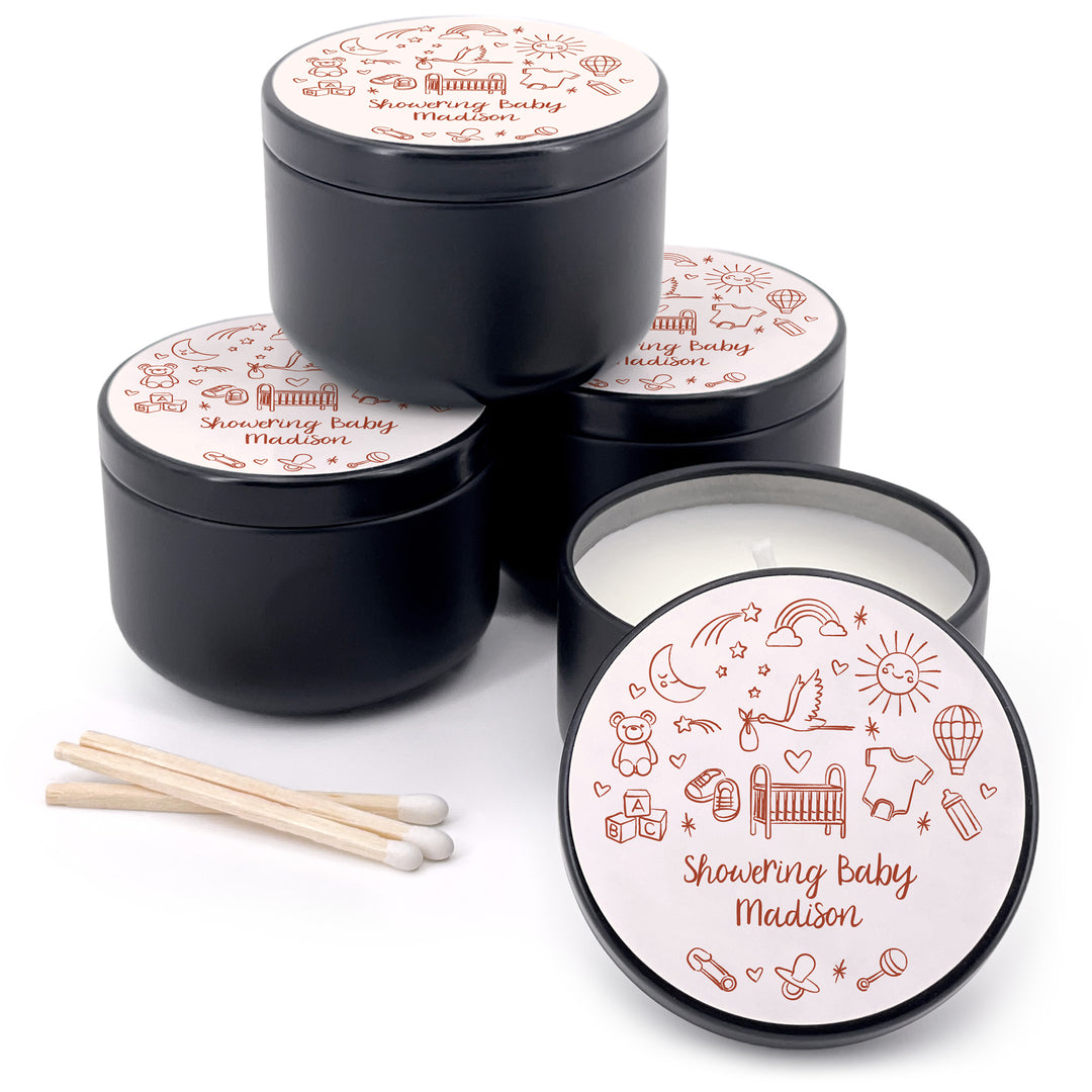 Bulk Baby Shower Favors, Unique Baby Shower Favors, Custom Candles, Hand Drawn Baby Shower Icon Sketch Pattern, 2oz Mini Lavender Candles