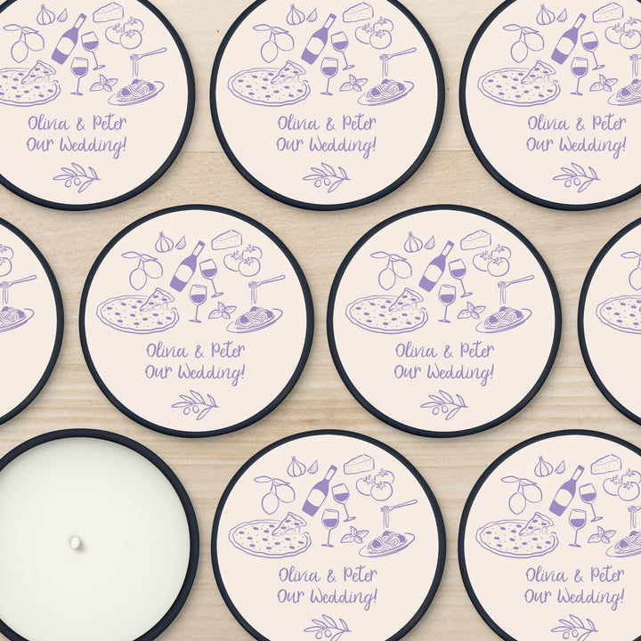 Bulk Wedding Favors, Unique Italy Wedding Favors, Custom Candles, Doodle Hand Drawn Italian Pattern Sketch, 2oz Mini Lavender Candles