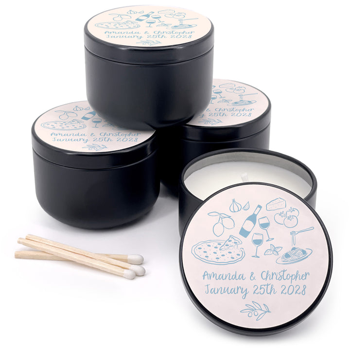 Bulk Wedding Favors, Unique Italy Wedding Favors, Custom Candles, Doodle Hand Drawn Italian Pattern Sketch, 2oz Mini Lavender Candles