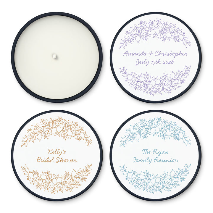 Custom Candle Wedding Favors, Amalfi Coast Sketch Pattern, Hand Drawn Mediterranean Florals, 2oz Mini Lavender Candles
