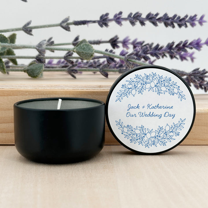 Custom Candle Wedding Favors, Amalfi Coast Sketch Pattern, Hand Drawn Mediterranean Florals, 2oz Mini Lavender Candles